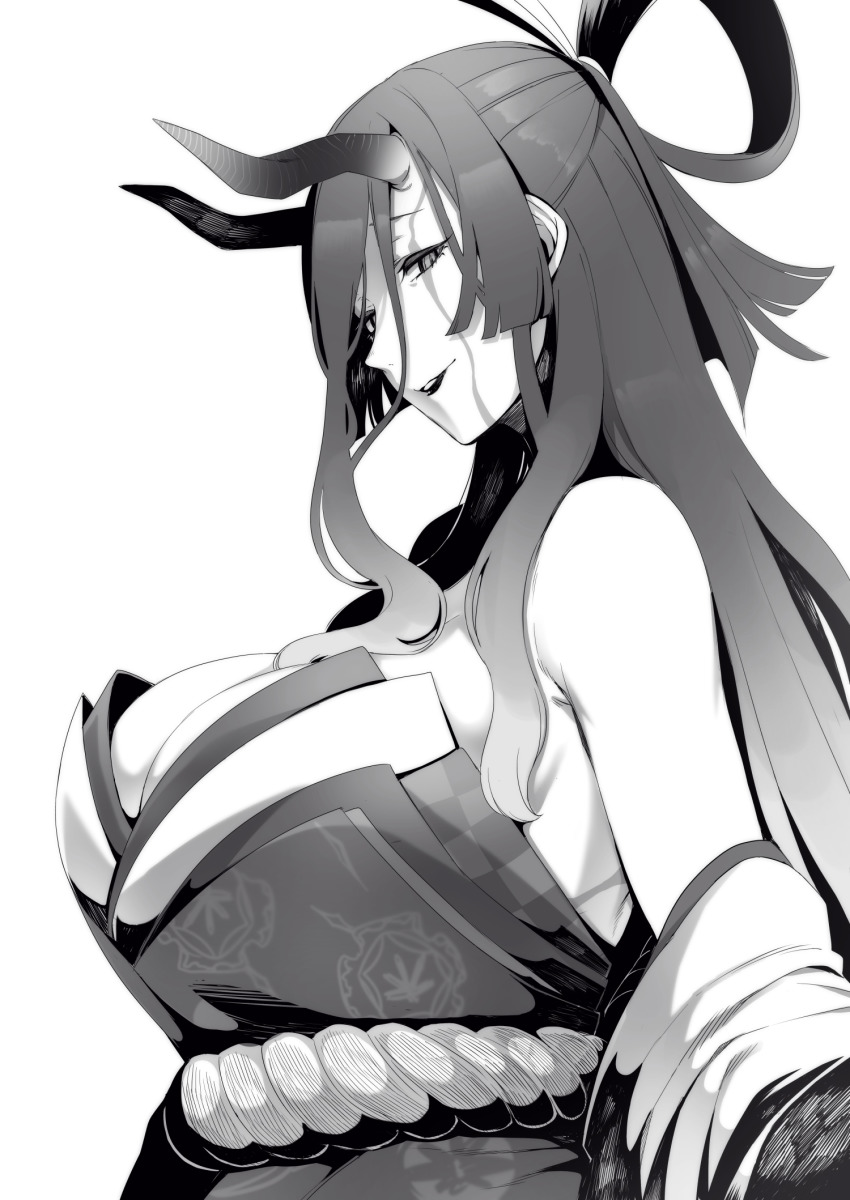 1girl bare_shoulders breasts cleavage detached_sleeves dress facial_mark fate/grand_order fate/requiem fate_(series) from_side greyscale hair_rings half_updo highres horns japanese_clothes kijo_kouyou_(fate) kijo_kouyou_(third_ascension)_(fate) large_breasts long_hair looking_to_the_side monochrome nakamura_regura open_mouth parted_lips rope sidelocks slit_pupils smile smirk strapless strapless_dress upper_body