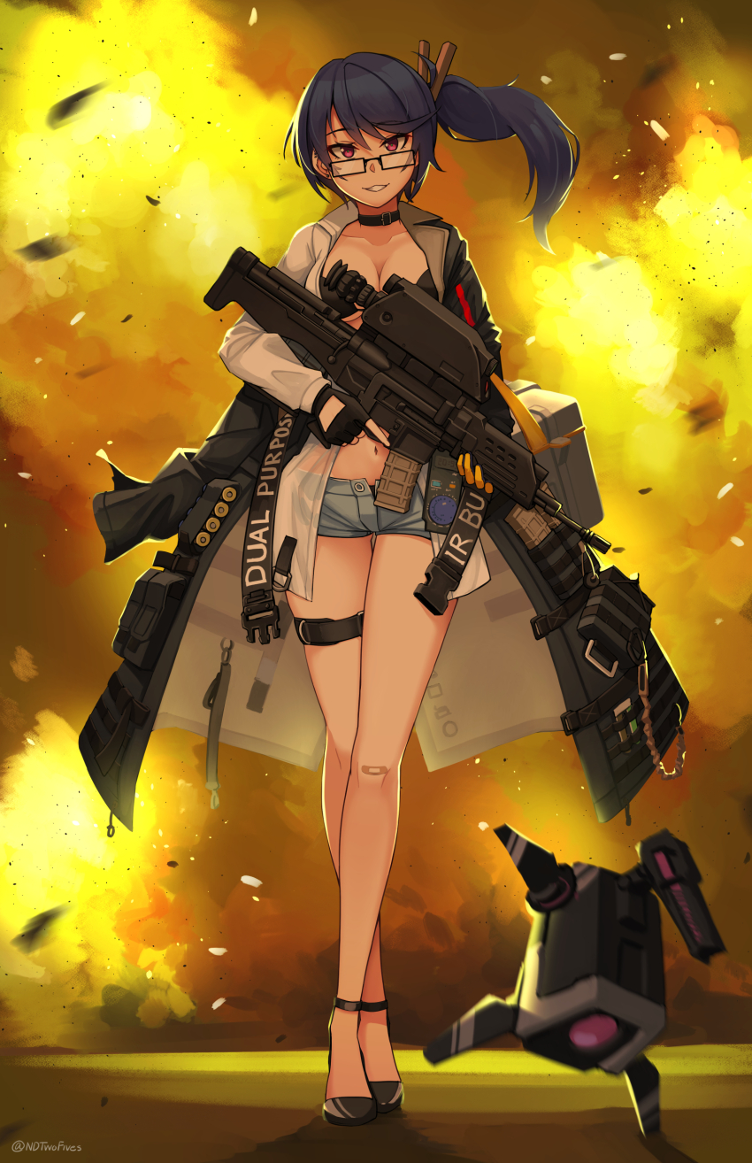 1girl 20x30mm_lv 20x30mm_lv_p_k168 absurdres airburst_grenade_launcher ammunition assault_rifle black-framed_eyewear black_gloves black_hair black_jacket black_shoes blue_shorts bolt-action_grenade_launcher bolt_action breasts bullpup burst_fire_gun burst_fire_rifle cannon_cartridge carbine cleavage collarbone collared_shirt commentary commentary_request commission computerized_scope crossed_legs daewoo_k11 dinergate_(girls&#039;_frontline) dress_shirt english_commentary explosion explosive fingerless_gloves girls&#039;_frontline glasses gloves grenade grenade_cartridge grenade_launcher gun hair_between_eyes highres holding holding_gun holding_weapon jacket k11_(girls&#039;_frontline) looking_at_viewer medium_breasts multi-weapon multiple-barrel_gun navel ndtwofives open_clothes open_jacket open_shirt practice_round precision-guided_firearm rectangular_eyewear red_eyes rifle shirt shoes short-barreled_rifle short_shorts shorts side_ponytail sight_(weapon) smart_scope smile solo standing subsonic_ammunition telescopic_sight thermal_weapon_sight underbarrel_assault_rifle underbarrel_rifle watson_cross weapon white_shirt
