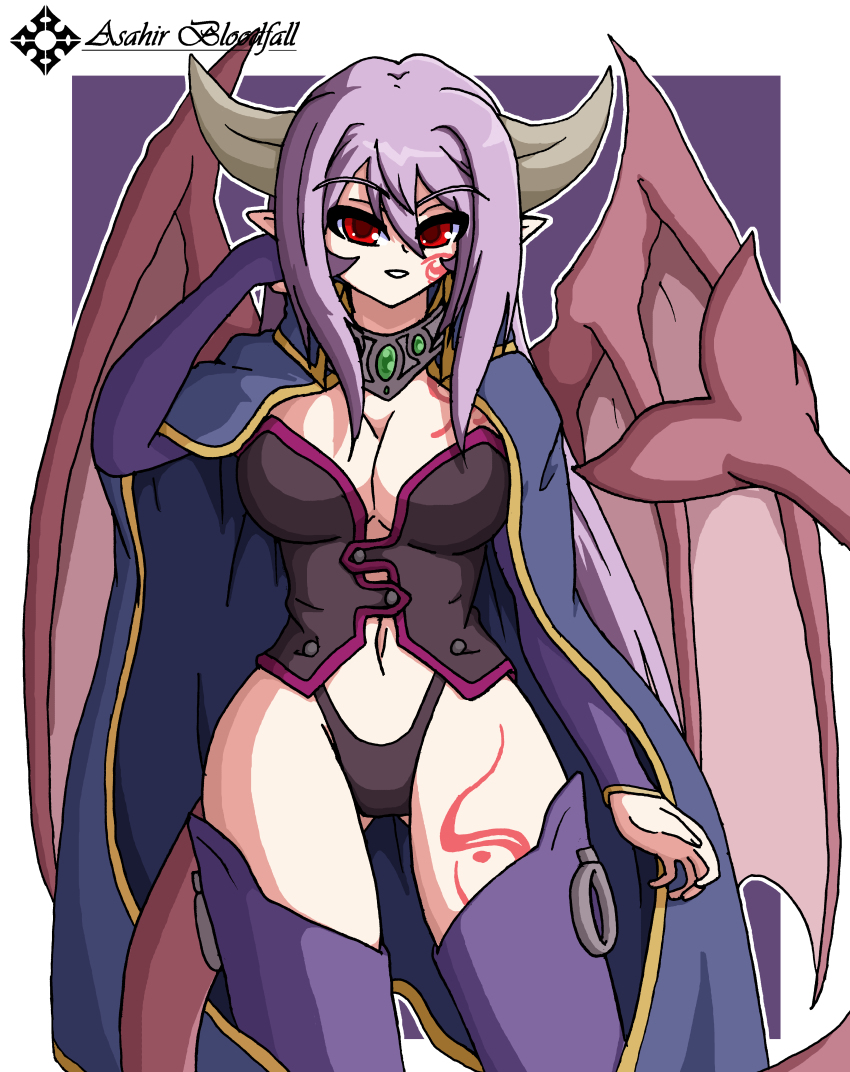 1girl absurdres alma_elma asahir demon_girl demon_wings highres long_hair mon-musu_quest! mon-musu_quest:_paradox purple_hair red_eyes revealing_clothes self-upload thong very_long_hair wide_hips wings