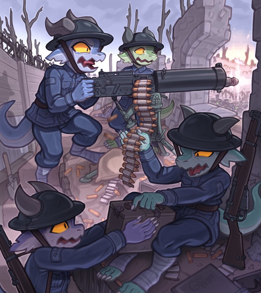 ammunition_belt ammunition_box army bandaged_leg bandages barbed_wire bolt_action colored_skin combat_helmet firing goobone gun helmet highres horns horns_through_headwear kobold lee-enfield machine_gun maxim_gun military_combat_uniform military_uniform multiple_boys original outdoors rifle rubble ruins shell_casing soldier tail tears trench vickers_machine_gun weapon world_war_i