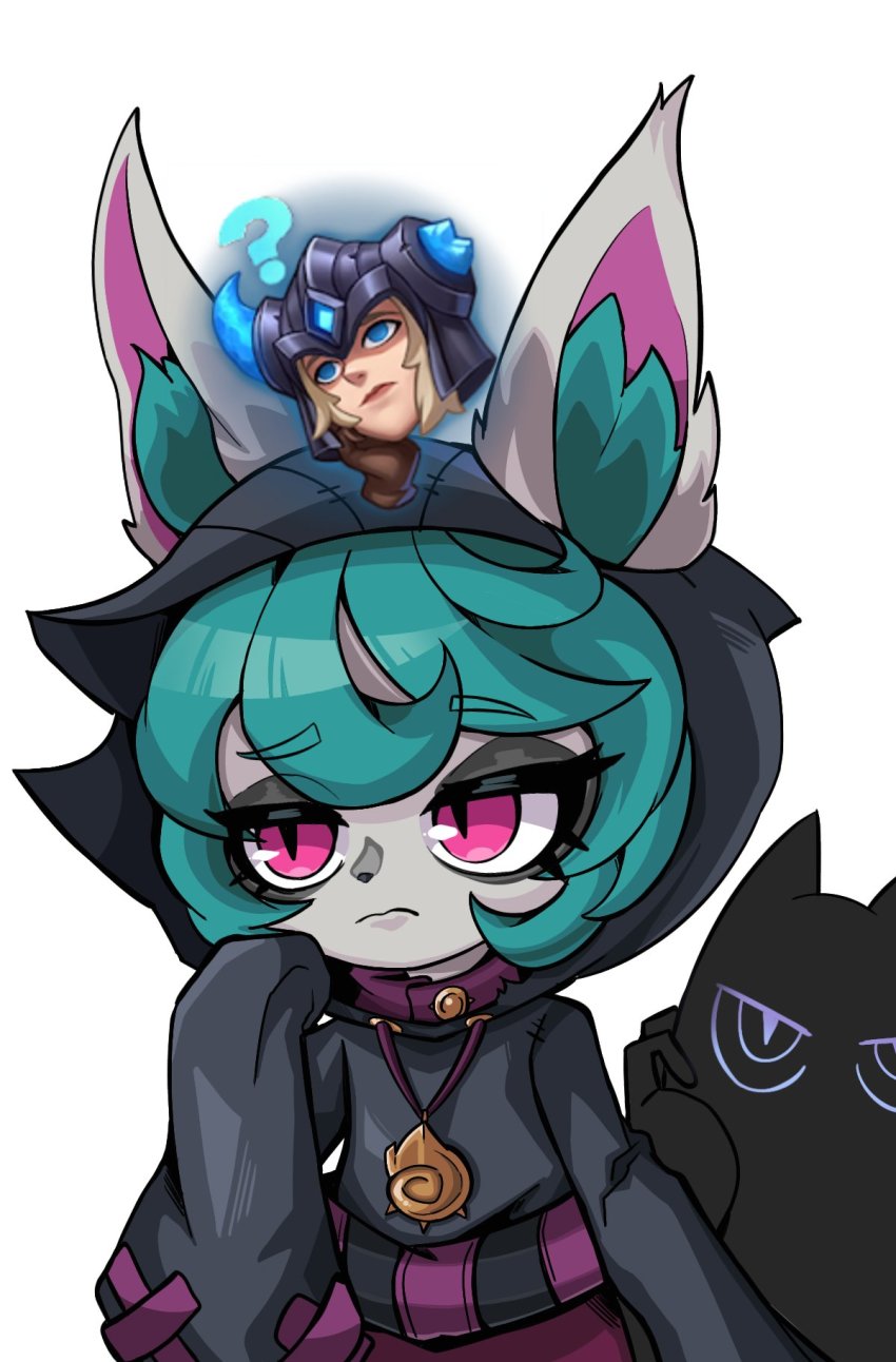 1girl beseunaj-jamjaneun_gemdol-i black_hoodie blonde_hair broken_horn brown_gloves closed_mouth cowboy_shot ears_through_headwear emoji fake_horns gloves green_hair highres hood hood_up hoodie horned_headwear horns jewelry league_of_legends long_sleeves necklace pants pink_eyes pink_pants sejuani simple_background single_horn sleeves_past_fingers sleeves_past_wrists slit_pupils vex_(league_of_legends) vex_shadow_(league_of_legends) white_background yordle