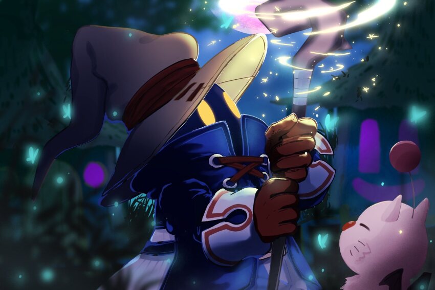 1boy black_mage_(final_fantasy) blue_butterfly blue_coat blurry blurry_foreground brown_gloves bug butterfly coat creature final_fantasy final_fantasy_ix gloves glowing glowing_eyes hat highres holding holding_staff insect magic male_focus moogle outdoors staff tree upper_body vivi_ornitier wizard_hat yellow_eyes yoshidaaaan