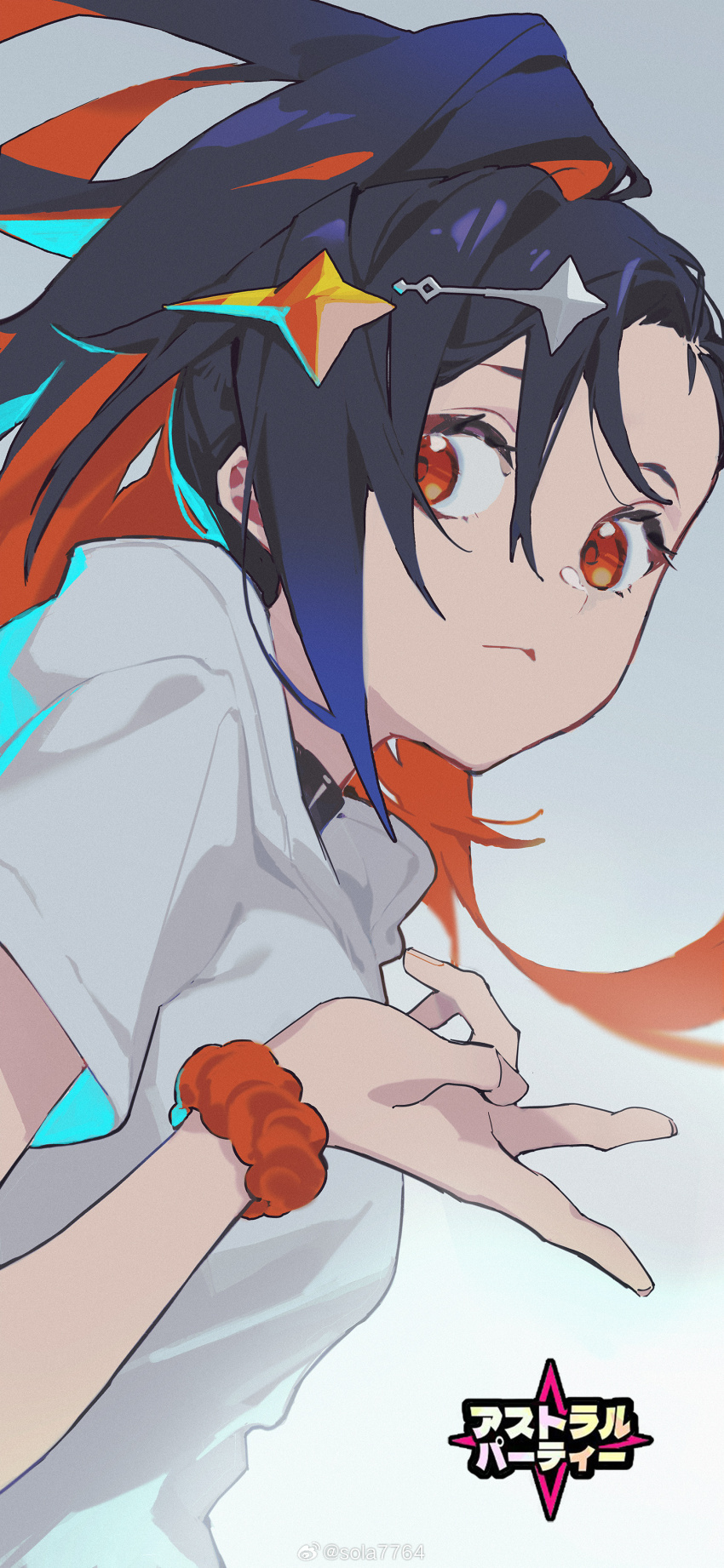 1girl absurdres astral_party black_hair colored_inner_hair copyright_logo highres hood hoodie luka_(astral_party) multicolored_hair orange_eyes orange_hair sideways_glance sola7764 solo watermark weibo_username weibo_watermark white_background white_hoodie