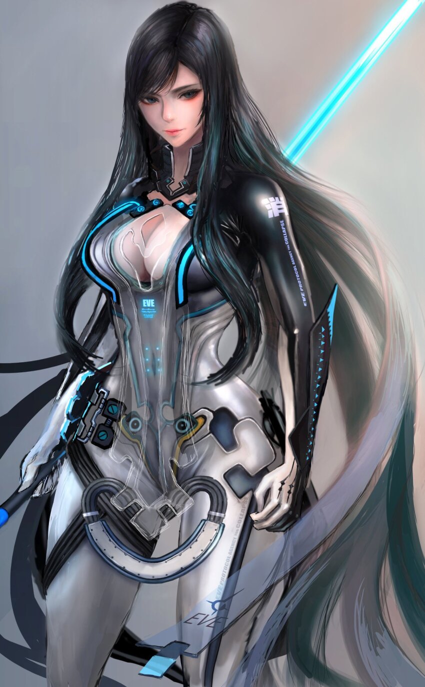 1girl black_eyes black_hair bodysuit breasts cleavage glowing glowing_sword glowing_weapon grey_background highres holding holding_sword holding_weapon kyel_hyde large_breasts lips long_hair looking_at_viewer plunging_neckline raven_(stellar_blade) raven_suit_(stellar_blade) reverse_grip sidelocks simple_background skin_tight solo stellar_blade swept_bangs sword upper_body very_long_hair weapon