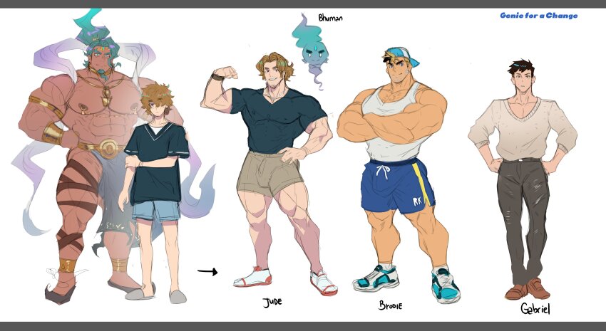 4boys abs absurdres alternate_form alternate_muscle_size backwards_hat bandaid bandaid_on_cheek bandaid_on_face bara baseball_cap biceps black_hair black_shirt blonde_hair blue_eyes blue_hair blue_shorts bracelet brown_eyes brown_hair brown_shorts chest_hair circlet crossed_arms english_text facial_hair flexing genie goatee gold_anklet gold_armlet gold_bracelet gold_circlet grey_tank_top grin hair_over_one_eye hand_on_own_hip hat highres jewelry large_pectorals loafers male_focus multicolored_hair multiple_boys muscle_growth muscular muscular_male nipple_piercing original pants parted_lips pectorals piercing pink_eyes pointy_ears reference_sheet robokeh shirt shoes shorts size_difference sketch slippers smile sneakers stubble sweater tank_top thick_thighs thighs tight_clothes transformation two-tone_hair v-neck white_background