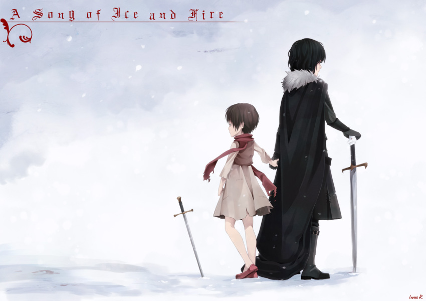 1boy 1girl a_song_of_ice_and_fire animification arya_stark black_hair brother_and_sister brown_hair copyright_name dress hetero holding_hands inma jon_snow planted planted_sword planted_weapon rags scarf short_hair siblings snow sword torn_clothes weapon