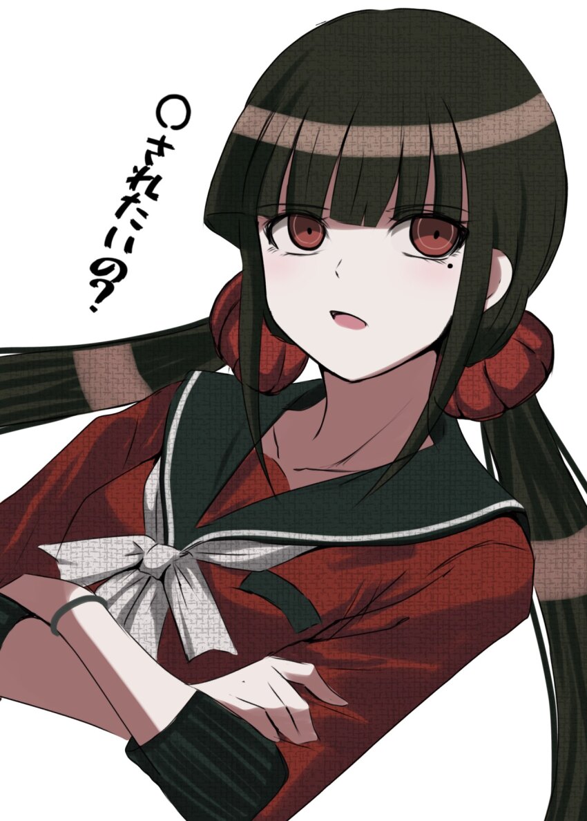 1girl :d black_sailor_collar brown_hair collarbone cropped_torso danganronpa_(series) danganronpa_v3:_killing_harmony hair_ornament hair_scrunchie harukawa_maki highres lelie_(lelie_link) long_hair long_sleeves low_twintails mole mole_under_eye open_mouth red_eyes red_scrunchie red_shirt sailor_collar scrunchie shirt simple_background smile translation_request twintails upper_body white_background