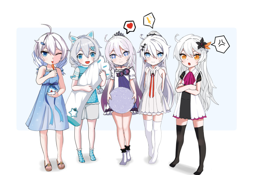5girls aged_down angry animal_ears arms_behind_back benghuai_xueyuan black_thighhighs black_tiara blue_dress blue_eyes bow bowtie cherry child closed_mouth colored_inner_hair cross-shaped_pupils crossed_arms dress earrings fake_animal_ears flower food fruit hair_flower hair_ornament hairclip heart highres holding honkai_(series) honkai_impact_3rd ice_cream jewelry kiana_kaslana kiana_kaslana_(herrscher_of_finality) kiana_kaslana_(herrscher_of_flamescion) kiana_kaslana_(herrscher_of_the_void) long_hair looking_at_viewer moon multicolored_hair multiple_girls one_eye_closed open_mouth pillow purple_hair sandals shirt shorts socks spoken_heart spoon standing sword symbol-shaped_pupils t-shirt thighhighs tiara weapon white_background white_dress white_hair white_thighhighs wooden_spoon yaoxu yellow_eyes