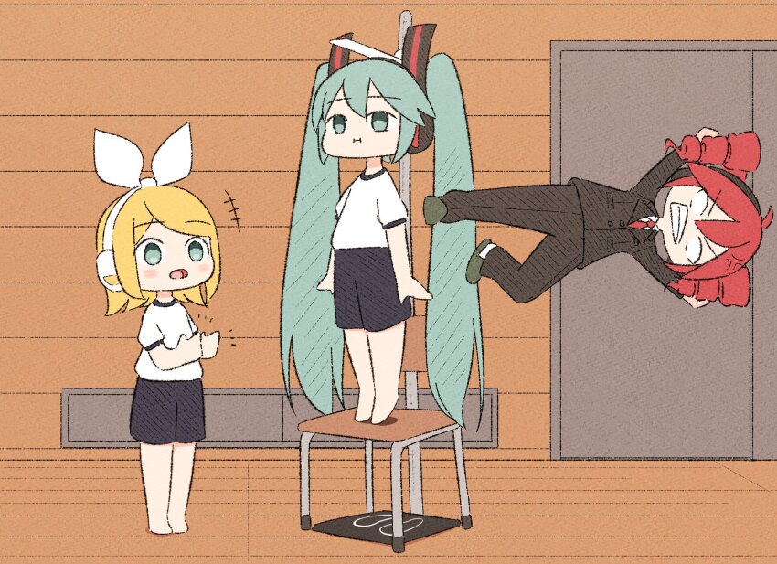 +++ 3girls :i anger_vein angry aqua_eyes aqua_hair bananafish1111 barefoot black_jacket black_pants black_shorts black_suit blank_eyes blonde_hair blush_stickers bow chair cheating_(competitive) clapping closed_mouth commentary door drill_hair emphasis_lines formal_clothes gym gym_uniform hair_bow hair_ornament hatsune_miku headphones highres imminent_kick impressed indoors jacket kagamine_rin kasane_teto long_hair midair multiple_girls necktie on_chair open_mouth pants red_hair red_necktie shirt short_hair short_sleeves shorts sideways stadiometer standing standing_on_chair suit suit_jacket tiptoes twin_drills twintails utau very_long_hair vocaloid white_bow white_shirt wooden_floor
