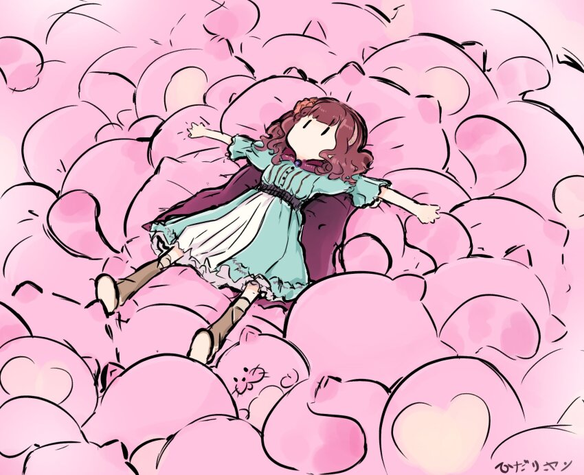 1girl ani_inako blue_dress boots brown_boots brown_hair cape dame_x_prince dress full_body gurimaru hidariyana highres long_hair lying no_mouth outstretched_arms purple_cape short_sleeves solid_oval_eyes solo spread_arms stuffed_animal stuffed_toy
