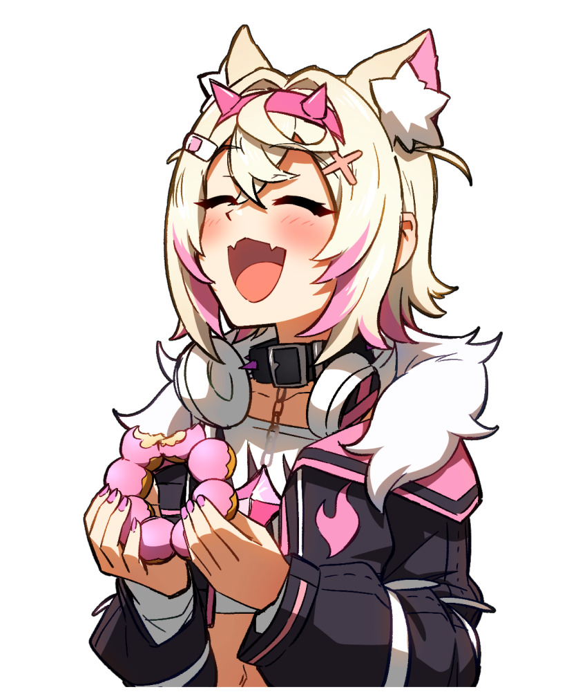 1girl :d ^_^ animal_ear_fluff animal_ears bandaid bandaid_hair_ornament belt_collar black_collar blonde_hair blush closed_eyes collar commentary_request crop_top crossed_bangs ddolbang dog_ears dog_girl donut extra_ears fangs food fur_collar hair_between_eyes hair_ornament hairband hairclip headphones headphones_around_neck highres holding holding_donut holding_food hololive hololive_english horn_hairband korean_commentary long_sleeves mococo_abyssgard mococo_abyssgard_(1st_costume) multicolored_hair nail_polish open_mouth pink_hair pink_hairband pink_nails pon_de_ring short_hair simple_background skin_fangs smile solo spiked_collar spikes two-tone_hair upper_body virtual_youtuber white_background x_hair_ornament