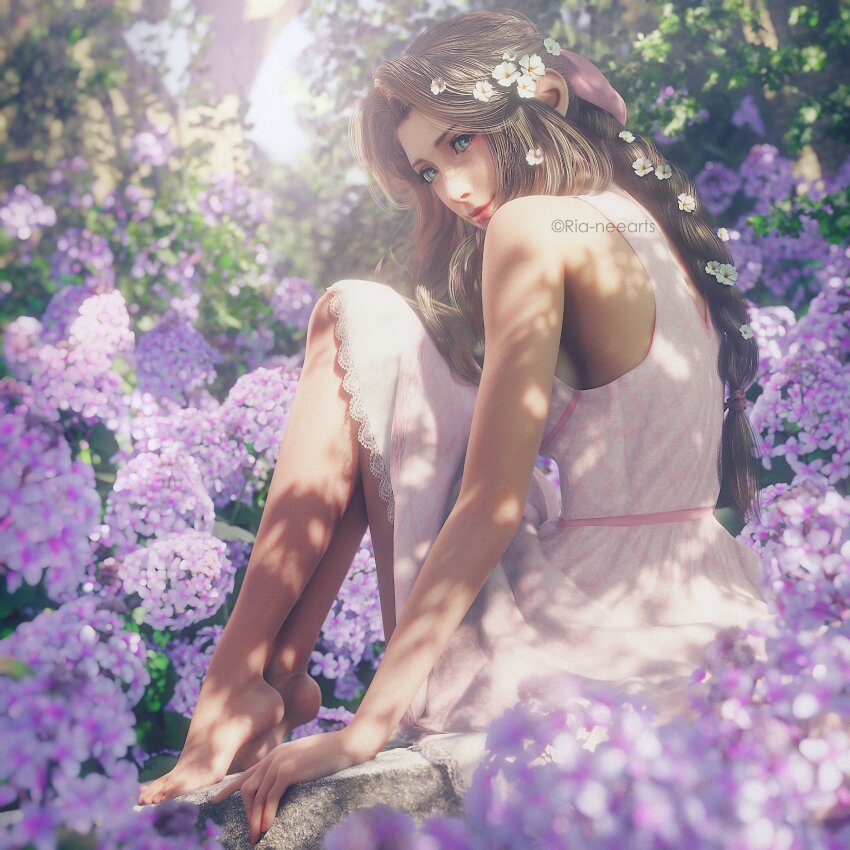 1girl 3d absurdres aerith_gainsborough bare_shoulders barefoot braid braided_ponytail breasts brown_hair commentary dress feet final_fantasy final_fantasy_vii final_fantasy_vii_remake fingernails flower full_body green_eyes hair_flower hair_ornament hair_ribbon highres long_dress long_hair looking_at_viewer looking_back nature outdoors parted_bangs pink_dress pink_ribbon ria_(baka-neearts) ribbon sidelocks sitting smile solo swept_bangs wisteria