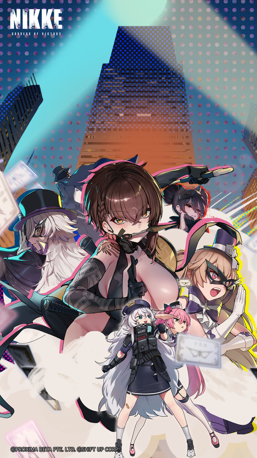 6+girls black_capelet black_gloves black_hat blue_eyes blue_hat blue_skirt braid breasts brown_eyes brown_hair building cape capelet cleavage commander_(nikke) commentary delta_(nikke) delta_(ninja_thief)_(nikke) elbow_gloves english_commentary eye_mask gloves goddess_of_victory:_nikke green_eyes grey_hair hat highres holding holding_kunai holding_weapon knife_in_mouth kunai large_breasts long_hair looking_afar mask miranda_(nikke) miranda_(thief_of_justice)_(nikke) multiple_girls ninja official_art open_mouth phantom_(nikke) pink_eyes pink_hair poli_(nikke) police police_uniform policewoman purple_eyes quency_(escape_queen)_(nikke) quency_(nikke) quiry_(nikke) short_hair skirt skyscraper teeth upper_teeth_only weapon white_cape white_gloves white_hair