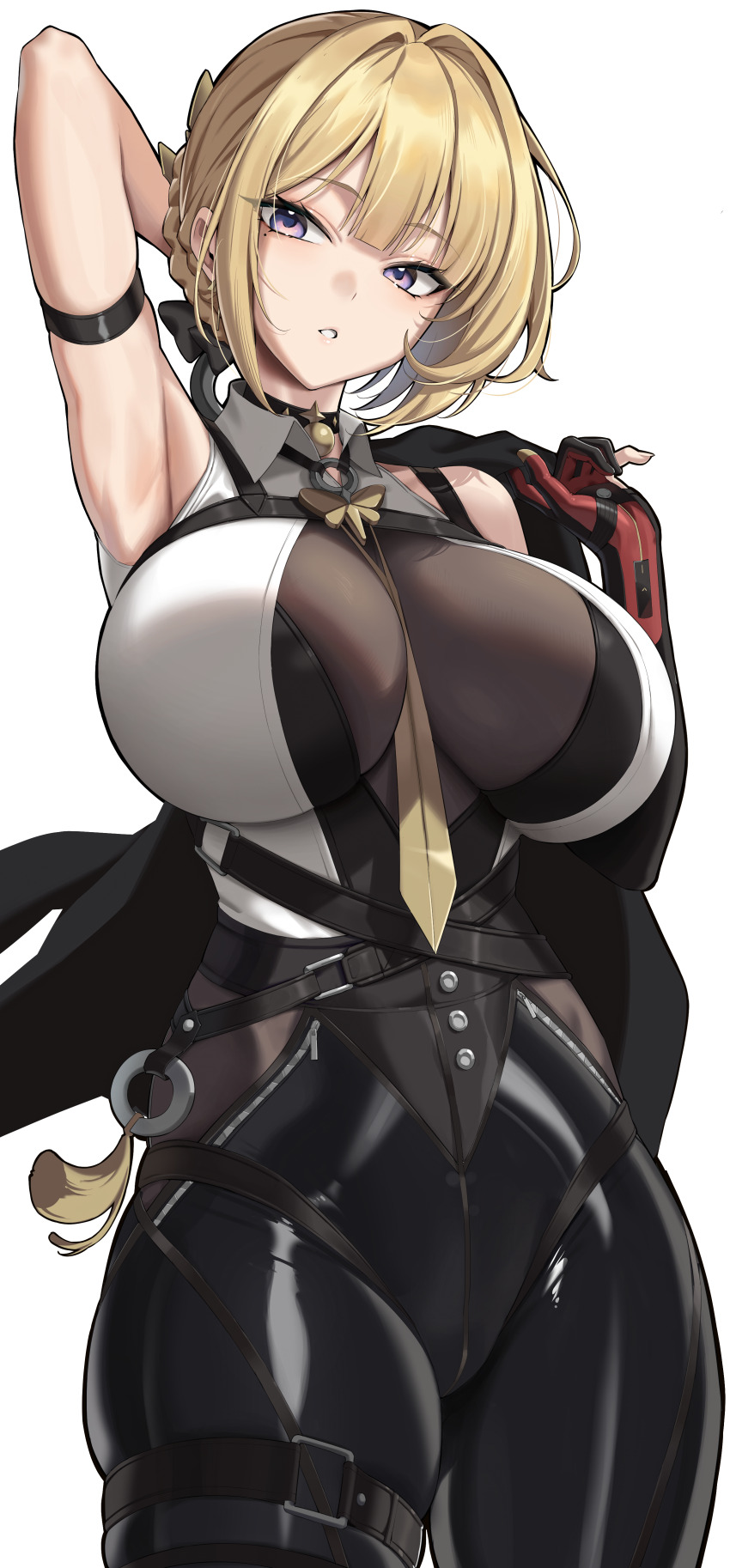 1girl absurdres arm_strap arm_up armpits black_choker blonde_hair breasts choker collared_shirt commentary cowboy_shot english_commentary evelyn_chevalier highres huge_breasts kook large_breasts looking_at_viewer mole mole_under_eye necktie parted_lips purple_eyes shirt simple_background skindentation solo thigh_strap white_background zenless_zone_zero