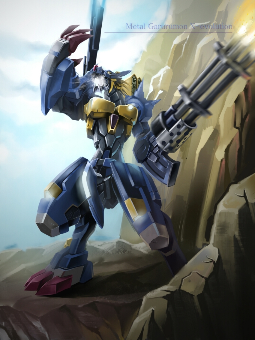 armor claws digimon digimon_(creature) gatling_gun highres metalgarurumon metalgarurumon_x-antibody solo wolf