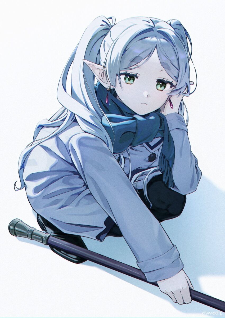 1girl closed_mouth coat downscaled earrings elf expressionless floating_earring frieren green_eyes grey_background grey_hair hand_on_own_face highres jewelry mage_staff mwoji pantyhose parted_bangs pointy_ears resized scarf shadow simple_background sitting solo sousou_no_frieren staff teardrop_earrings third-party_source twintails white_background white_hair