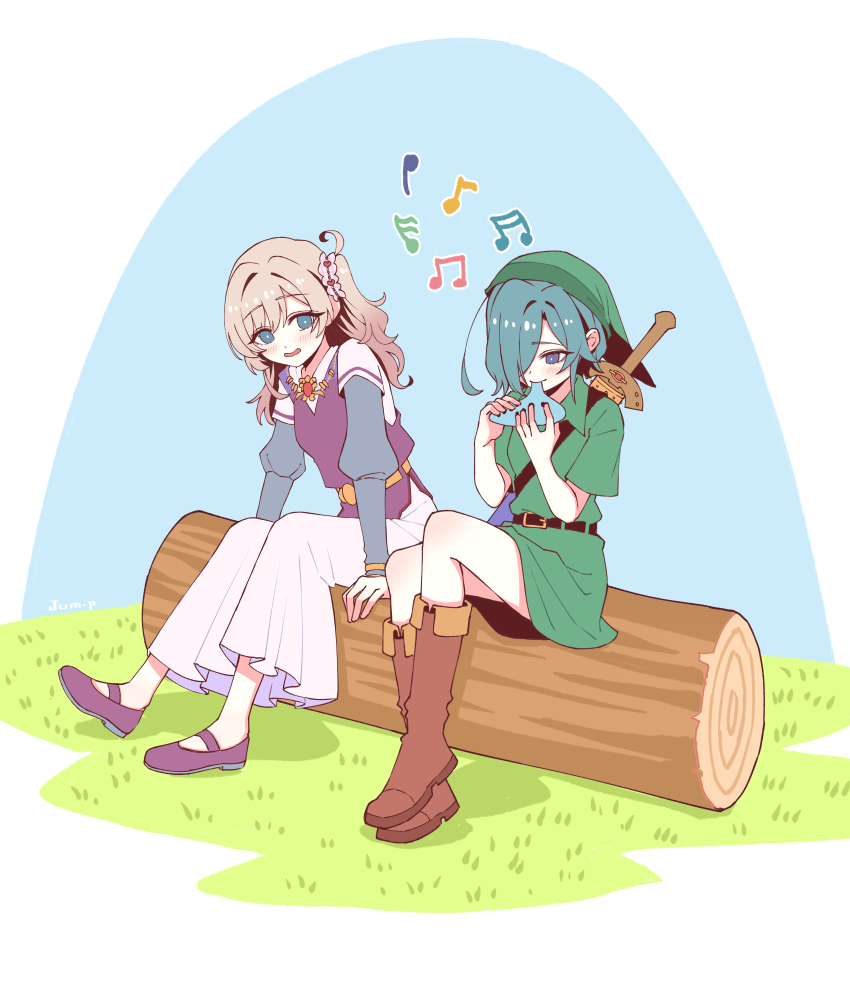 2girls absurdres belt blonde_hair blue_eyes blue_hair boots brown_boots commentary cosplay cosplay_request day english_commentary grass hair_ornament hair_over_one_eye hair_scrunchie hat highres holding holding_behind_back holding_sword holding_sword_behind_back holding_weapon holding_weapon_behind_back instrument jjum_pp juliet_sleeves kedarui_aashii kimi_no_koto_ga_dai_dai_dai_dai_daisuki_na_100-nin_no_kanojo link link_(cosplay) log long_sleeves multiple_girls music musical_note nakaji_uto nintendo ocarina outdoors playing_instrument puffy_sleeves purple_shoes scrunchie sheath sheathed shoes short_sleeves side_ponytail sitting_on_log sword the_legend_of_zelda the_legend_of_zelda:_ocarina_of_time weapon