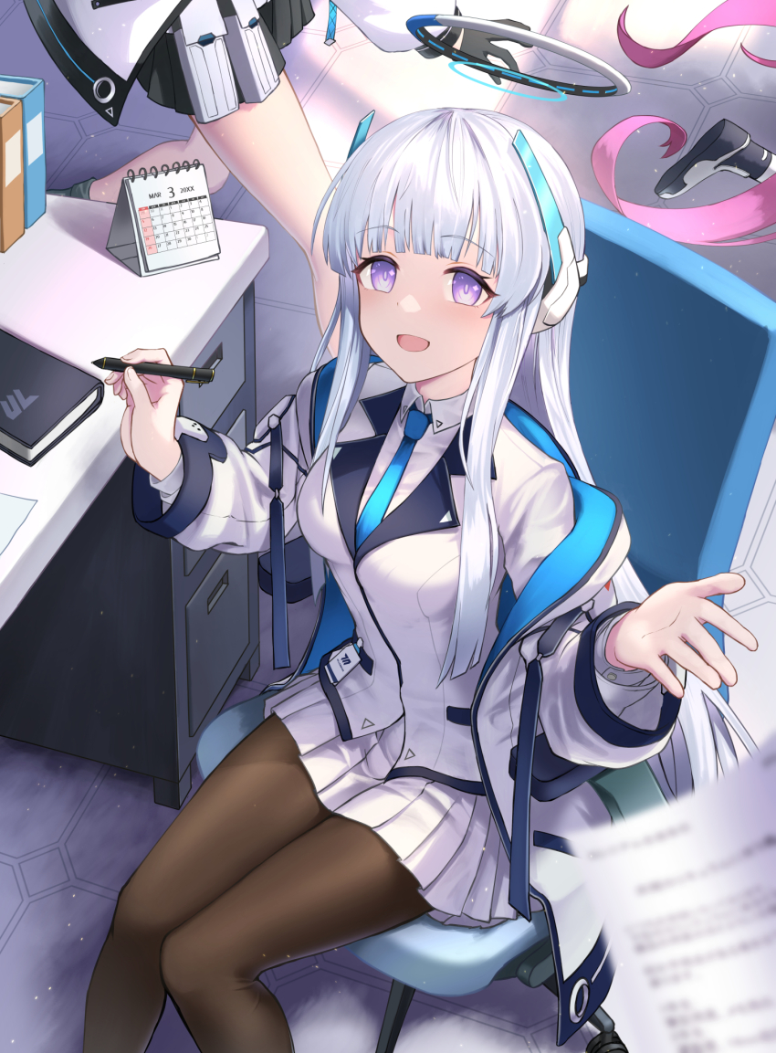 3girls black_gloves blue_archive blue_eyes book calendar_(object) chair gloves halo headphones highres id_card iroia jacket koyuki_(blue_archive) mechanical_halo multiple_girls necktie noa_(blue_archive) off_shoulder on_chair open_clothes open_jacket pantyhose pen pink_hair sitting solo_focus table white_hair yuuka_(blue_archive)