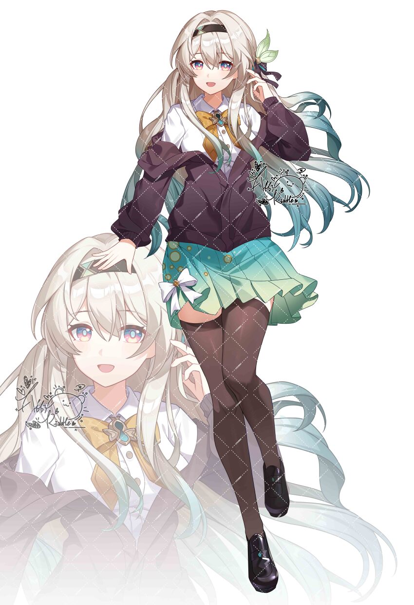 1girl :d abby_riddle absurdres alternate_costume black_footwear black_hairband black_thighhighs breasts brown_jacket collared_shirt firefly_(honkai:_star_rail) full_body gradient_hair green_skirt grey_hair hair_between_eyes hairband highres honkai:_star_rail honkai_(series) jacket long_hair medium_breasts multicolored_eyes multicolored_hair neckerchief open_clothes open_jacket open_mouth orange_neckerchief pleated_skirt shirt skirt smile solo thighhighs two-tone_eyes white_shirt