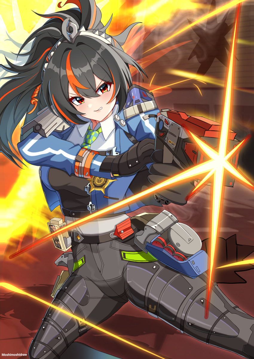 1girl absurdres black_gloves black_hair black_pants blue_jacket breasts bulletproof_vest checkered_necktie collared_shirt gloves gun hair_between_eyes hairband high-waist_pants highres holding holding_gun holding_weapon holster jacket large_breasts long_hair metal_hairband moshimoshidraw multicolored_hair necktie pants police police_badge police_uniform policewoman ponytail red_eyes red_streaks shirt shoulder_holster solo streaked_hair tight_clothes tight_pants weapon white_shirt zenless_zone_zero zhu_yuan