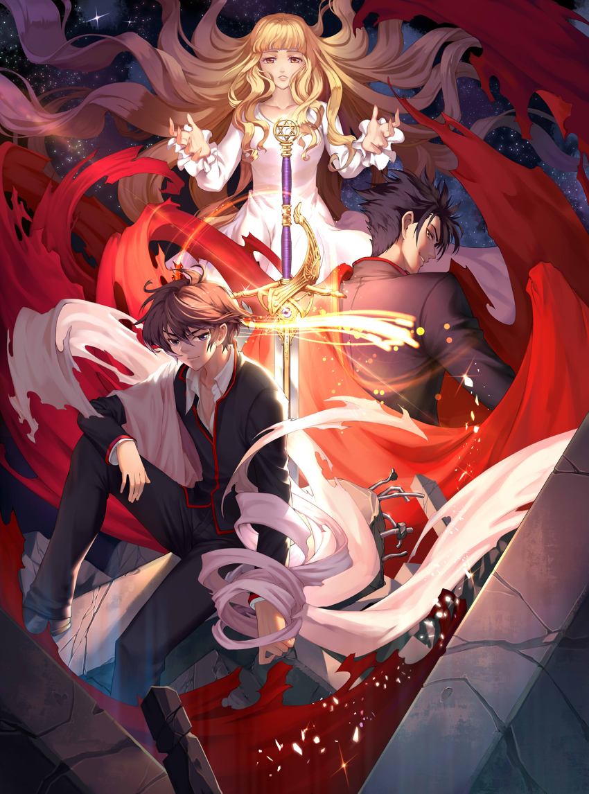 1girl 2boys blonde_hair blouse dress highres holding holding_sword holding_weapon long_hair multiple_boys original shen_xiao_guang_ye shirt short_hair sword very_long_hair weapon white_dress white_shirt x_(manga)