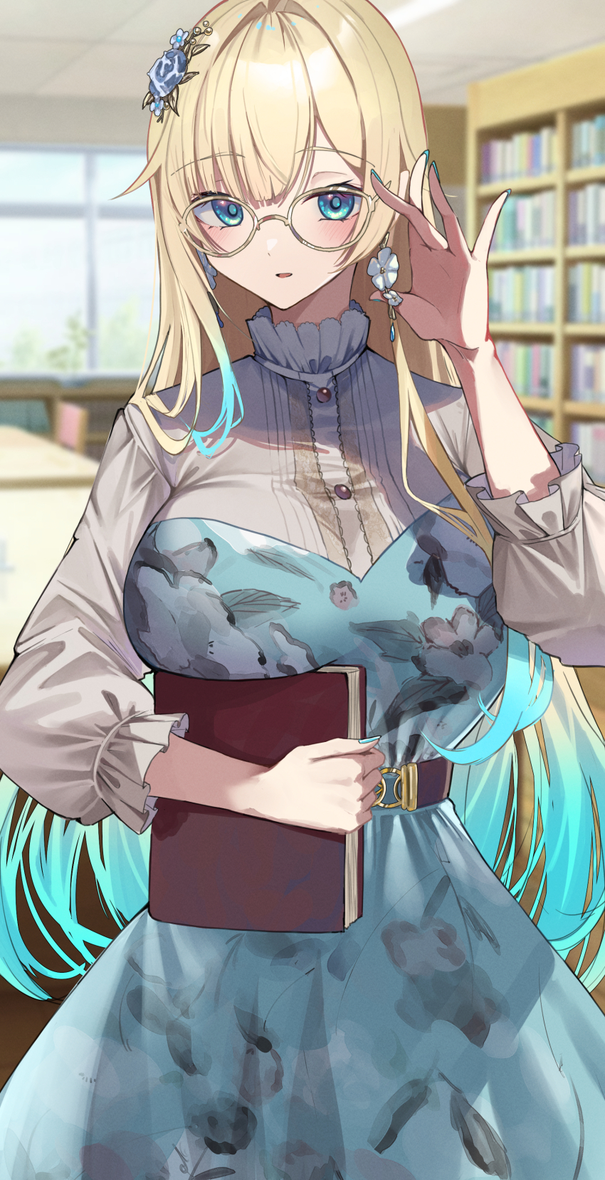 1girl absurdres adjusting_eyewear aizawa_ema aizawa_ema_(3rd_costume) aqua_hair belt blonde_hair blue_dress blue_eyes blue_nails blush book breast_lift breasts brown_belt dress earrings flower_earrings glasses gradient_hair hair_ornament hairpin highres holding holding_book indoors jewelry large_breasts layered_dress library long_hair long_sleeves looking_at_viewer multicolored_hair parted_lips puffy_long_sleeves puffy_sleeves shiro_marimo shirt solo very_long_hair virtual_youtuber vspo! white_shirt yellow-framed_eyewear