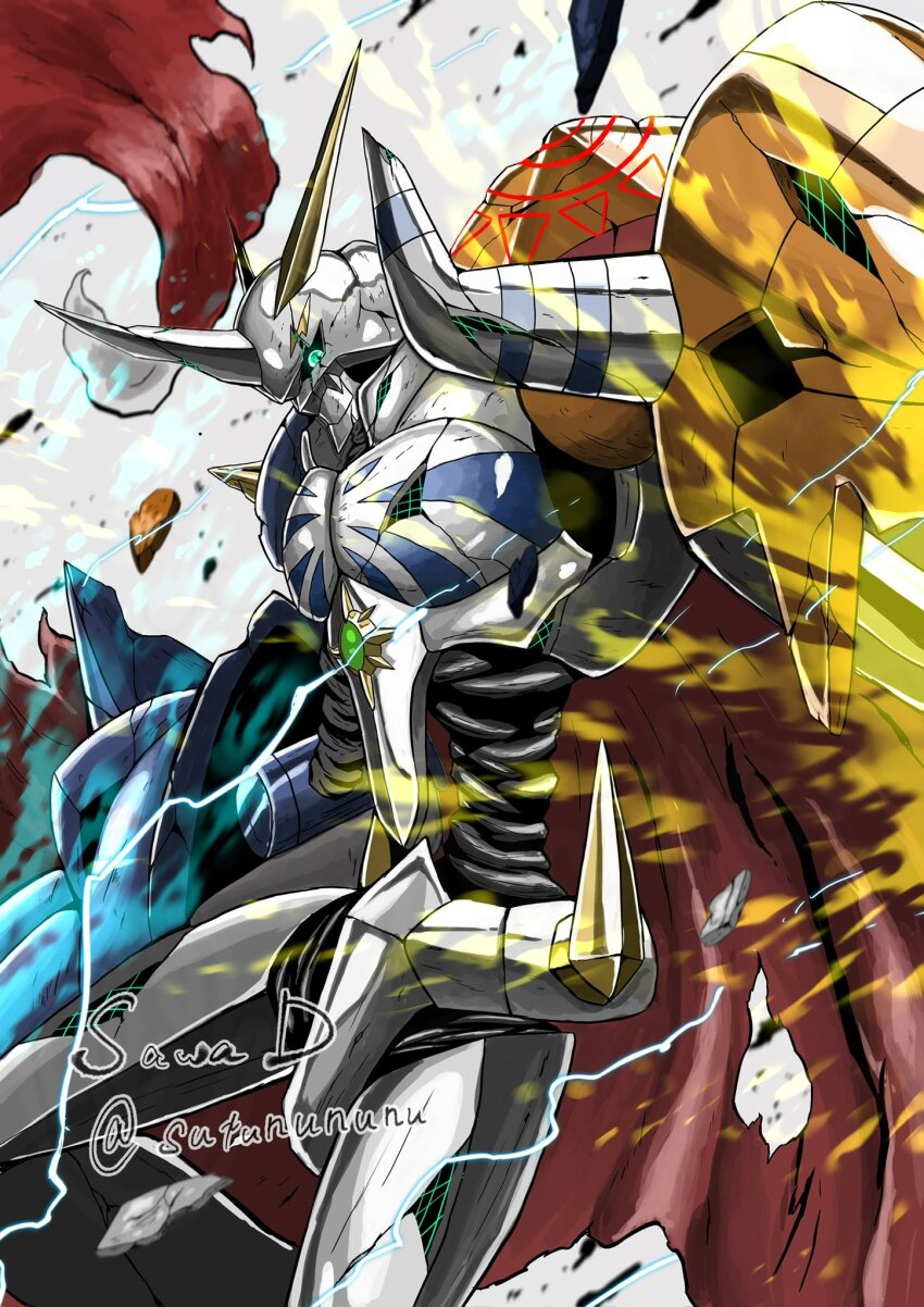 armor artist_name blue_eyes cape cowboy_shot digimon digimon_(creature) highres humanoid_robot mecha multiple_heads omegamon red_cape robot sawa_d shield shoulder_armor shoulder_spikes solo spikes twitter_username