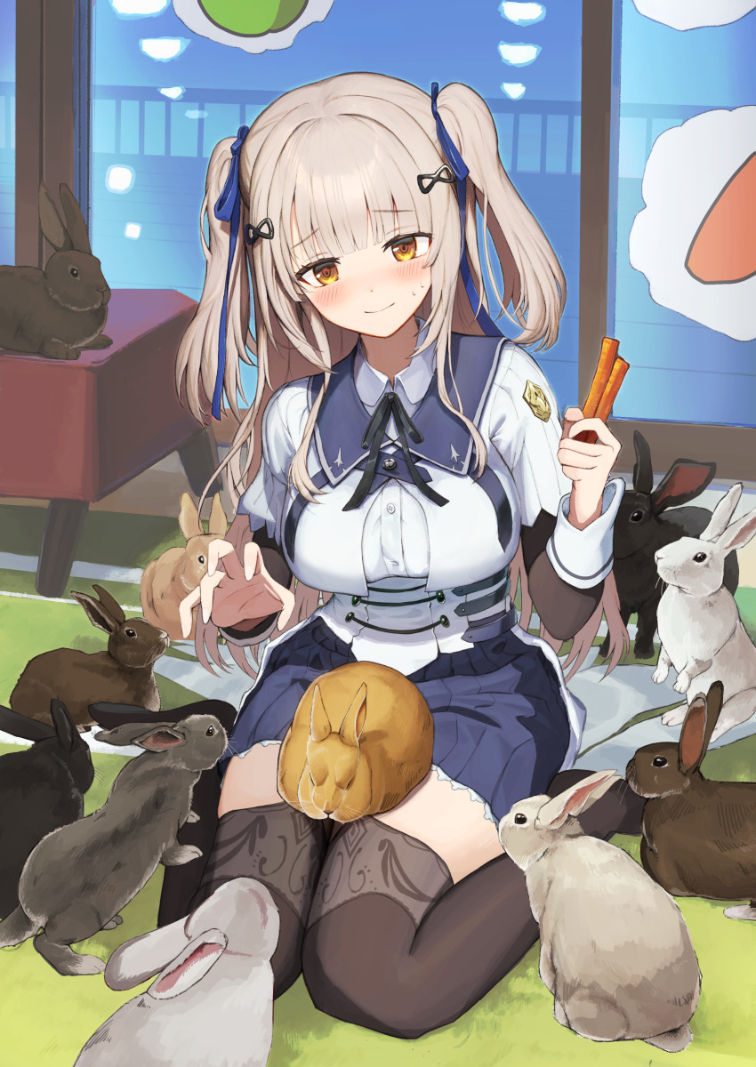 1girl absurdres assault_lily black_rabbit_(animal) black_thighhighs blue_sailor_collar blunt_bangs blush breasts brown_eyes brown_hair brown_rabbit carrot closed_mouth commentary_request hair_ribbon highres holding holding_carrot indoors large_breasts long_sleeves pleated_skirt rabbit ribbon sailor_collar shirt sitting skirt smile solo tada_shiera thighhighs too_many too_many_rabbits tsujiya_okuyasu twintails wariza white_shirt window