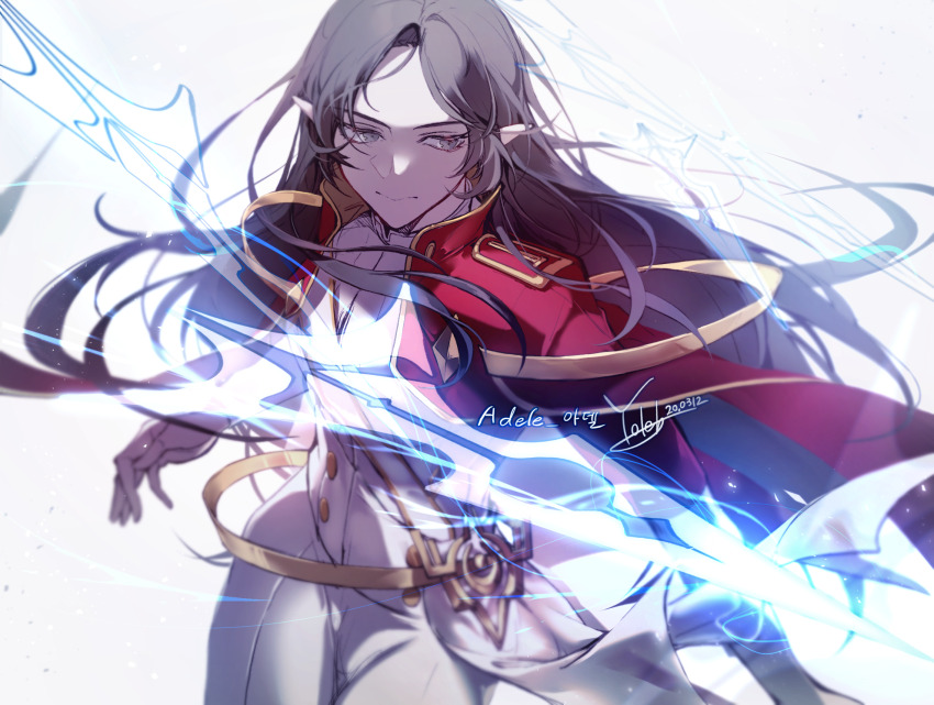 1girl :&gt; adele_(maplestory) black_hair cape closed_mouth energy energy_sword grey_background grey_eyes highres long_hair long_sleeves looking_to_the_side maplestory pants pointy_ears red_cape solo sword uniform weapon white_pants yoteh