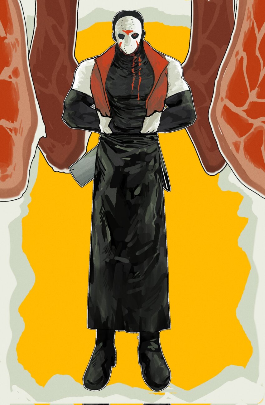 1boy akkge apron arms_behind_back black_apron black_boots boots butcher butcher_vanity_(synthesizer_v) cosplay forsaken_(roblox) friday_the_13th full_body highres hockey_mask holding holding_knife jason_voorhees knife looking_at_viewer mask red_vest roblox simple_background solo vest vimalion_pro yellow_background yi_xi_(synthesizer_v) yi_xi_(synthesizer_v)_(cosplay)