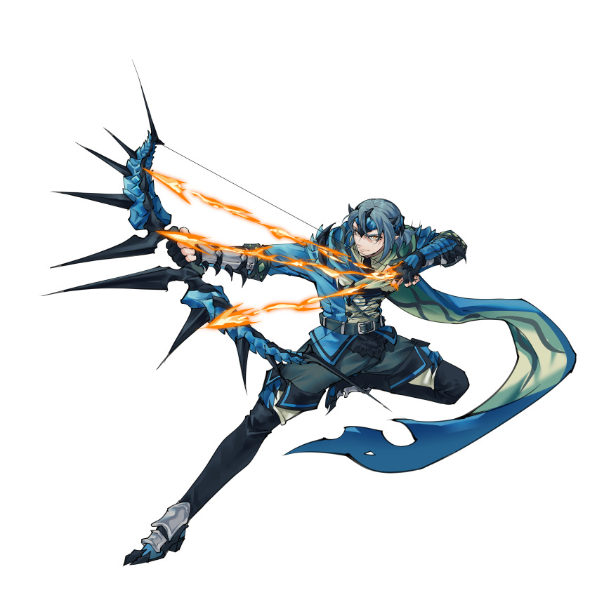 1boy absurdres azure_rathalos belt blue_hair boots bow_(weapon) bracer drawing_bow fingerless_gloves flaming_arrow full_body gloves hair_between_eyes headpiece highres holding holding_bow_(weapon) holding_weapon lanmizu2002 long_scarf male_focus monster_hunter_(series) personification pointy_ears rathalos scarf slit_pupils solo spikes thigh_boots weapon yellow_eyes