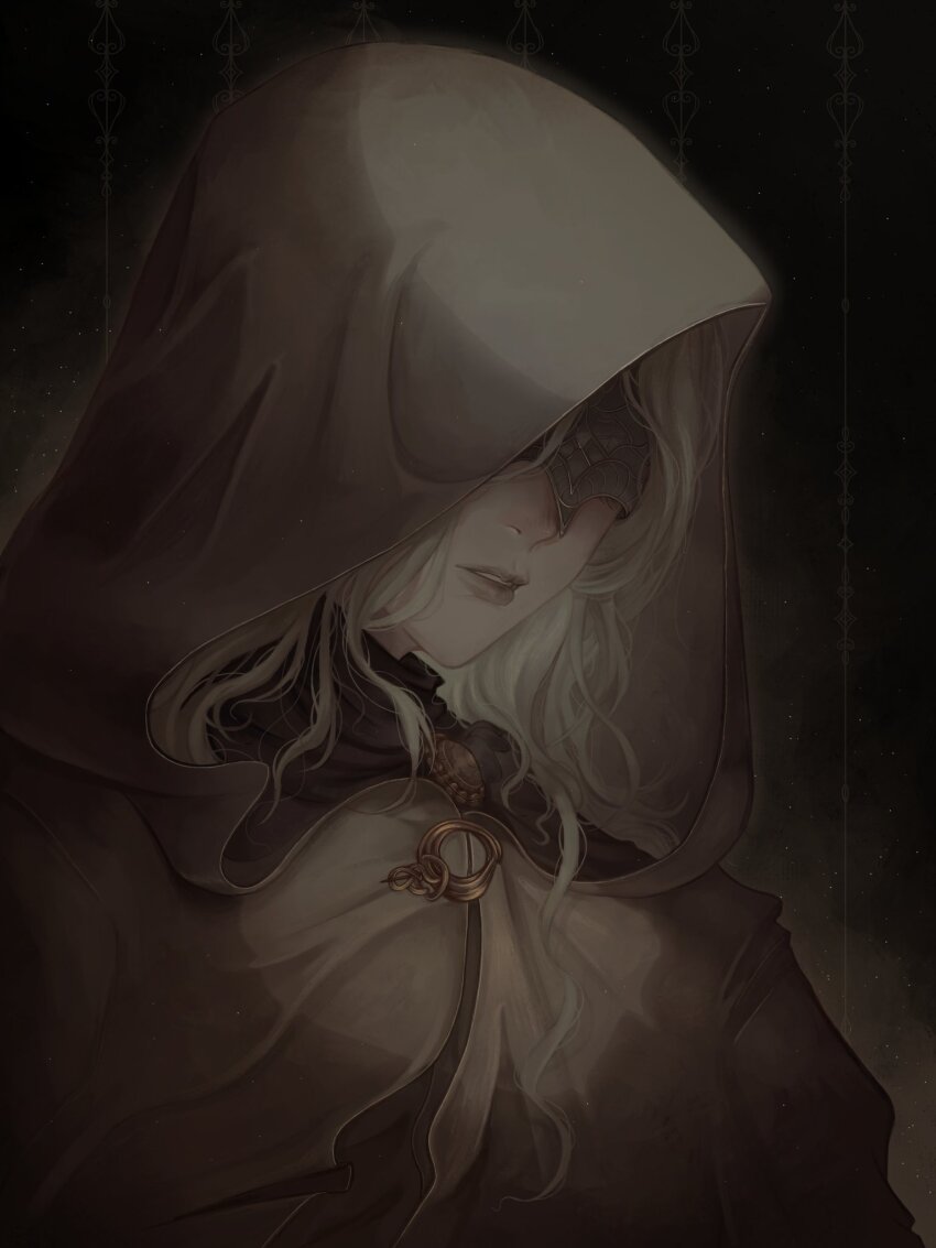 1girl blonde_hair brown_cloak cloak commentary covered_eyes dark_background dark_souls_(series) dark_souls_iii elden_ring elden_ring_nightreign english_commentary eye_mask fire_keeper highres hood hood_up hooded_cloak light_particles lnlil long_hair parted_lips solo upper_body