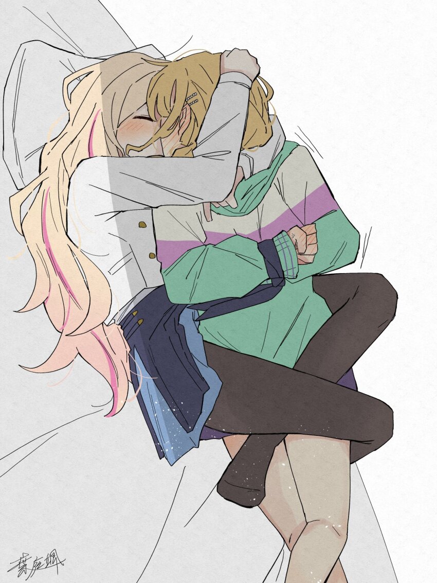 2girls arms_around_neck black_pantyhose black_skirt blonde_hair blue_skirt blush bound bound_wrists closed_eyes ear_blush fujita_kotone gakuen_idolmaster hand_blush hand_on_another&#039;s_head haniwa_hayate highres idolmaster jacket juo_sena kiss leg_lock light_particles multiple_girls on_bed pantyhose pillow pink_streaks skirt white_jacket yuri