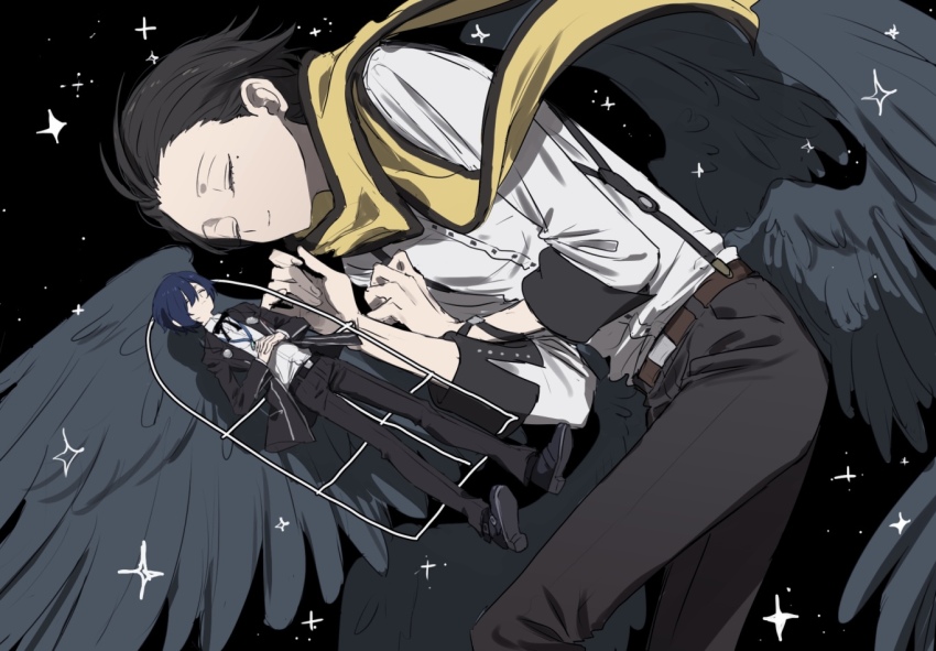 2boys black_footwear black_hair black_jacket black_pants black_wings blue_hair closed_eyes closed_mouth commentary_request feathered_wings gekkoukan_high_school_uniform hair_between_eyes jacket long_sleeves lying male_focus mochizuki_ryouji mole mole_under_eye multiple_boys multiple_wings on_back open_clothes open_jacket own_hands_together pants persona persona_3 scarf school_uniform sparkle suspenders tamaon_2525 wings yuuki_makoto_(persona_3)