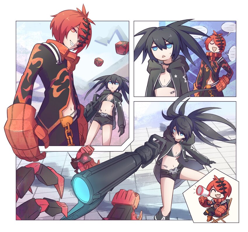 1boy 1girl absurdres arm_cannon armored_gloves belt bikini bikini_top_only black_coat black_hair black_rock_shooter black_rock_shooter_(character) black_rock_shooter_(game) black_shorts blue_eyes chain coat flame_print gloves highres long_hair mazuma mehyuew39 midriff open_clothes open_coat red_eyes red_hair rock_cannon scar short_hair shorts star_(symbol) swimsuit twintails uneven_twintails weapon