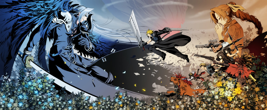 00s 1990s_(style) 3girls 5boys aerith_gainsborough barret_wallace cait_sith_(final_fantasy) cid_highwind cloud_strife diamond_dust_(omega) epic everyone field final_fantasy final_fantasy_vii final_fantasy_vii_advent_children flower flower_field highres lily_(flower) long_image md5_mismatch multiple_boys multiple_girls red_xiii resolution_mismatch retro_artstyle sephiroth source_larger sword tifa_lockhart vincent_valentine weapon wide_image wings yuffie_kisaragi