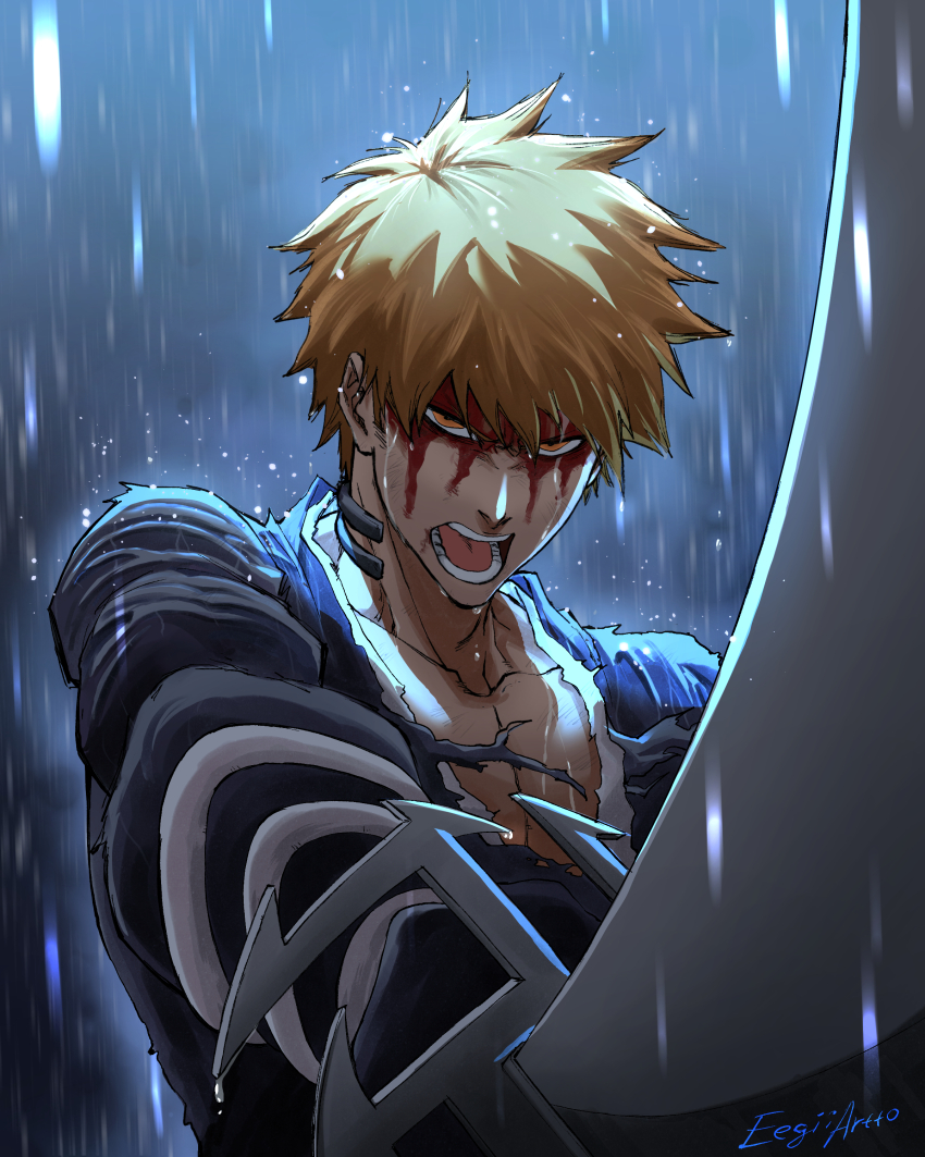 1boy absurdres bleach blood blood_on_face commentary eegiiartto english_commentary foreshortening highres holding holding_sword holding_weapon kurosaki_ichigo male_focus open_mouth orange_eyes orange_hair rain signature solo sword torn_clothes upper_body weapon