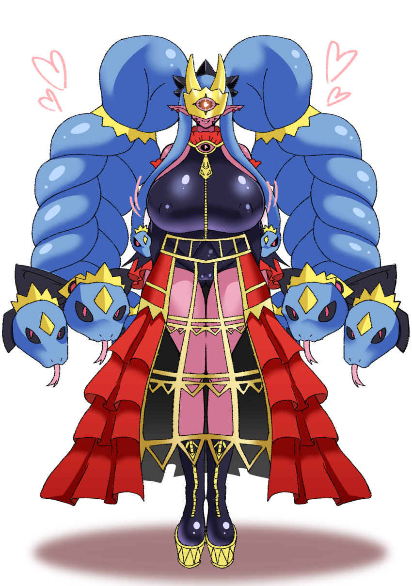 black_eyes breasts colored_skin crown digimon digimon_(creature) heart heppoko_death highres looking_at_viewer mask medusamon red_eyes red_skin ribbon shadow simple_background snake snake_hair tongue tongue_out white_background