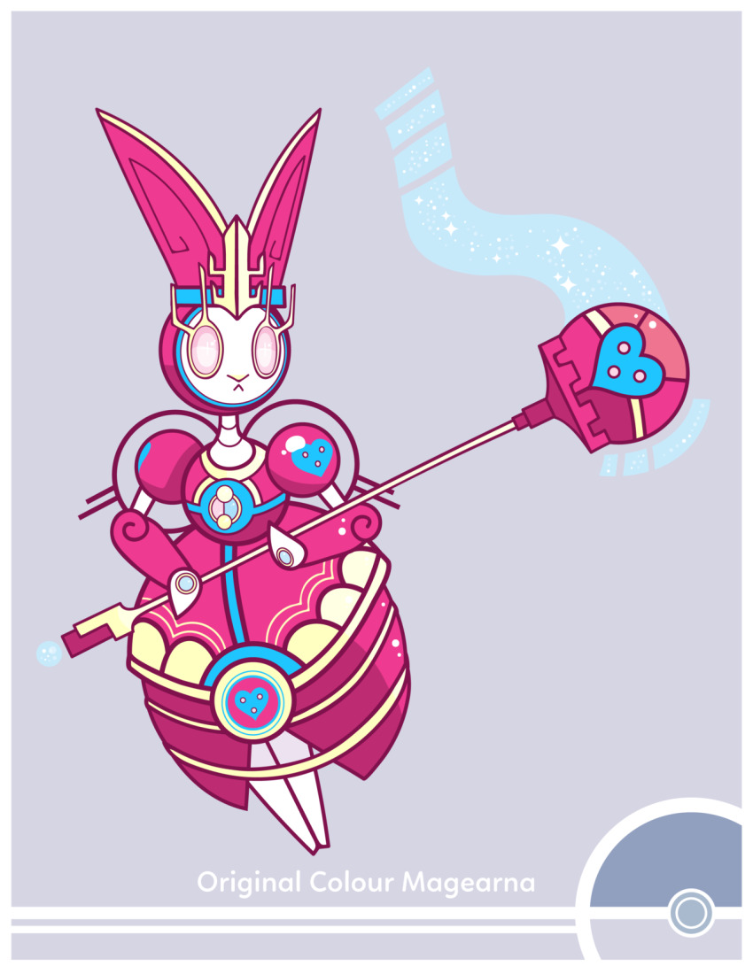 animal_focus character_name commentary cosmopoliturtle creature english_commentary frown gen_7_pokemon grey_background highres holding holding_scepter legendary_pokemon magearna magearna_(original) mythical_pokemon nintendo no_humans pink_eyes poke_ball_symbol pokemon pokemon_(creature) rabbit scepter simple_background solo