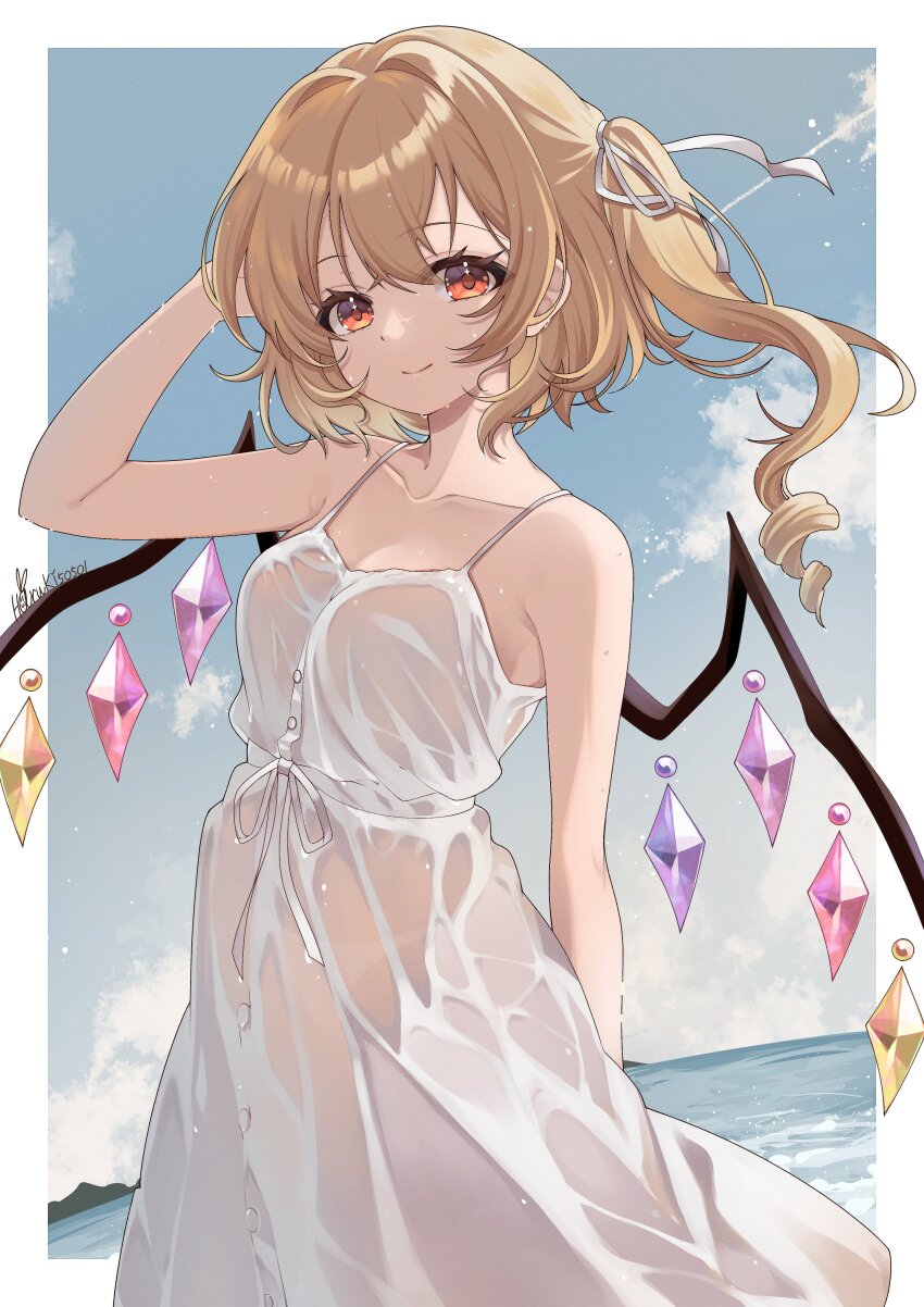 1girl absurdres arm_behind_head bare_shoulders blonde_hair blue_sky breasts cleavage closed_mouth collarbone commentary_request cowboy_shot crystal day dress flandre_scarlet hair_ribbon haruki_(colorful_macaron) highres long_hair looking_at_viewer one_side_up outdoors red_eyes ribbon sky sleeveless sleeveless_dress smile solo spaghetti_strap sundress touhou white_dress white_ribbon wings