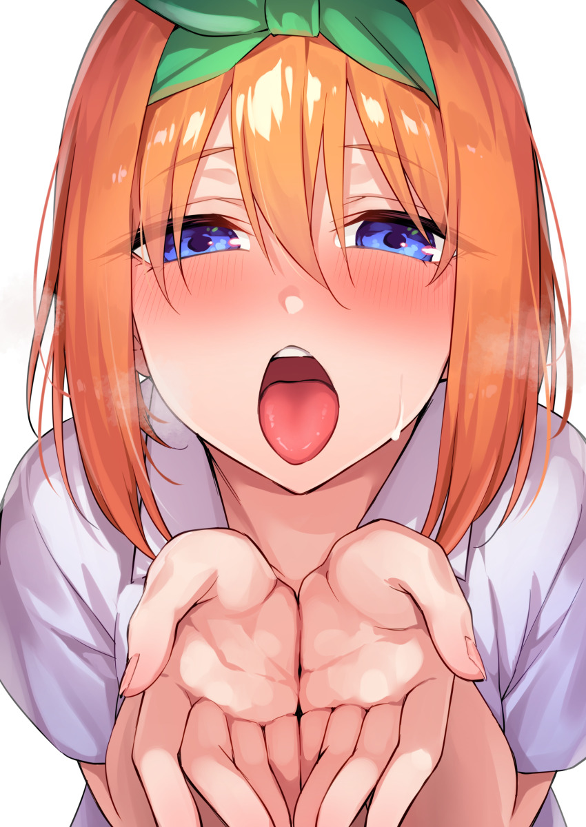 1girl absurdres aroused blue_eyes blush breath close-up collared_shirt commentary cupping_hands eyes_visible_through_hair fingernails go-toubun_no_hanayome green_ribbon hair_between_eyes hair_ribbon half-closed_eyes hands_up highres kouzuki_(majc8345) looking_at_viewer medium_hair nakano_yotsuba nose_blush open_mouth oral_invitation orange_hair own_hands_together raised_eyebrows ribbon shirt short_sleeves simple_background solo straight_hair sweat teeth tongue tongue_out tsurime upper_teeth_only white_background white_shirt