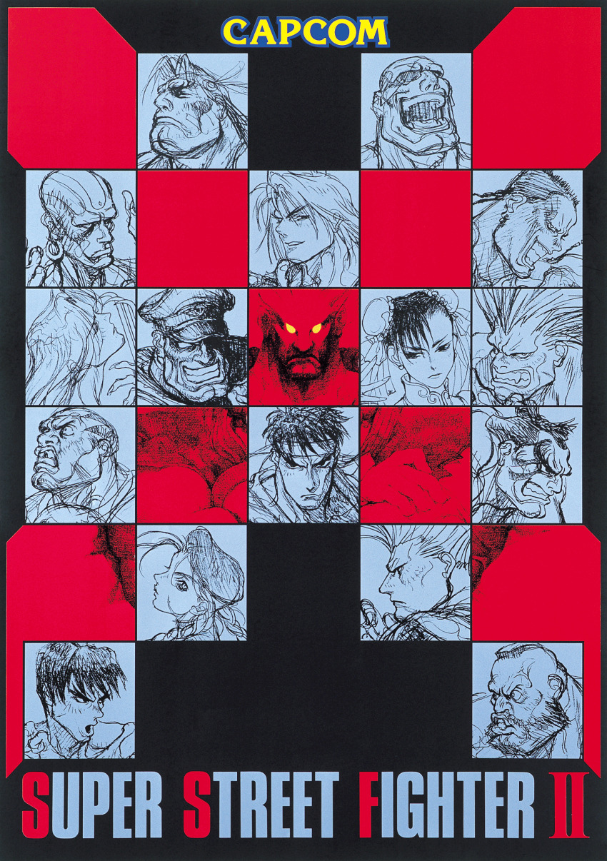 akuma_(street_fighter) bald balrog_(street_fighter) beard beret black_hair blanka braid cammy_white capcom chonmage chun-li claws clenched_teeth dee_jay dhalsim double_bun e._honda everyone evil_grin evil_smile eyepatch facepaint facial_hair fangs fei_long game_cg glowing glowing_eyes grin guile hair_bun hat headband highres ken_masters logo m._bison missing_tooth mohawk nishimura_kinu no_pupils non-web_source official_art open_mouth poster_(medium) promotional_art ryu_(street_fighter) sagat smile street_fighter street_fighter_ii_(series) teeth thunder_hawk topknot twin_braids v-shaped_eyebrows vega_(street_fighter) white_eyes zangief