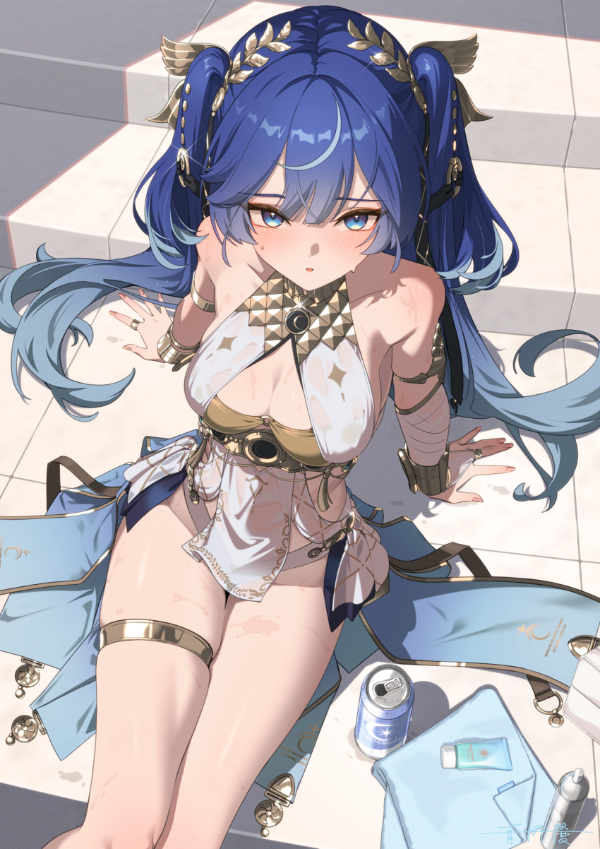 1girl ancient_greek_clothes arm_support armlet bare_shoulders blue_eyes blue_hair blue_skirt blush breasts can cleavage commentary drink_can feet_out_of_frame fingernails from_above gold_bra greco-roman_clothes groin hair_belt hair_ornament head_wreath highres iuno_(wuthering_waves) jewelry looking_at_viewer meda medium_breasts miniskirt multicolored_hair parted_lips ring showgirl_skirt signature sitting skirt solo streaked_hair thighlet thighs twintails wuthering_waves