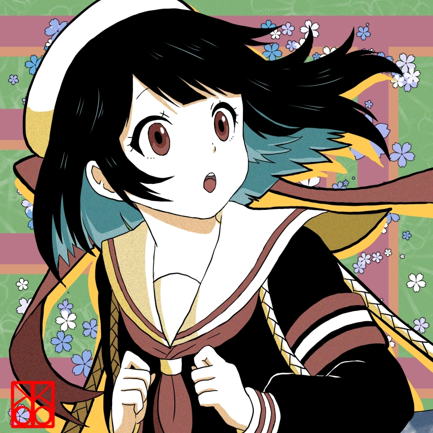 1girl artist_logo black_hair black_shirt cherry_blossoms commentary flat_color hat highres logo looking_to_the_side neckerchief open_mouth original sailor_collar school_uniform serafuku shirt shishi_(kuroear99) short_hair solo upper_body