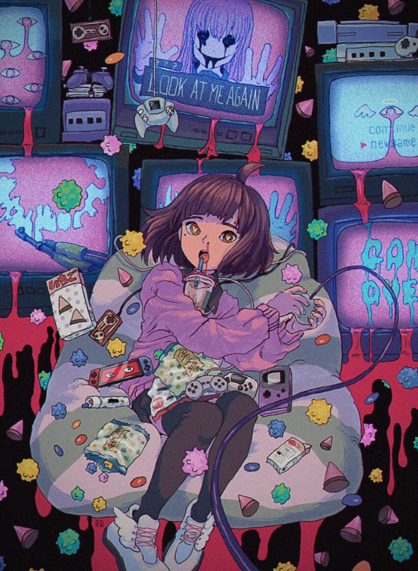 2girls absurdres ahoge ak-47 assault_rifle bean_bag_chair black_eyes blood brown_eyes brown_hair bubble_tea candy commission controller crazy_smile cup disposable_cup dreamcast_controller food full_body game_boy game_console game_controller game_over gamecube gamecube_controller gun handheld_game_console heart heart-shaped_pupils highres holding holding_controller holding_game_controller hollow_eyes horror_(theme) indoors kalashnikov_rifle konpeitou long_sleeves medium_hair mole mole_under_eye multiple_girls nintendo_switch nosebleed open_mouth original pink_hair pink_sweater playing_games rifle shoes sitting skirt smile sneakers solo_focus static sweater symbol-shaped_pupils television thighhighs ttanne video_game weapon white_shoes