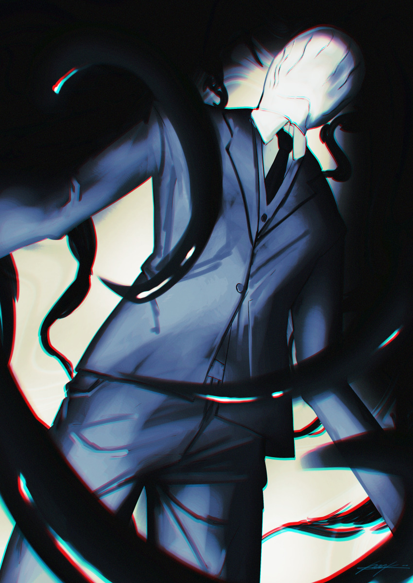 absurdres black_necktie black_pants black_suit business_suit commentary commission creepypasta faceless formal_clothes from_below highres long_sleeves necktie pants shirt skeb_commission slender_man suit sutorobo72 tall_male tentacles white_shirt
