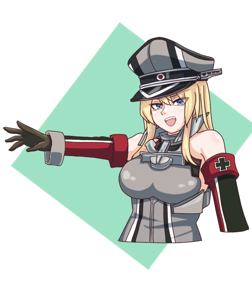 1girl absurdres anchor_choker bare_shoulders bismarck_(kancolle) blonde_hair blue_eyes breasts brown_gloves detached_sleeves gloves hair_between_eyes hat highres kantai_collection large_breasts long_hair military_hat military_uniform open_mouth peaked_cap solo tsuchinoko_snake