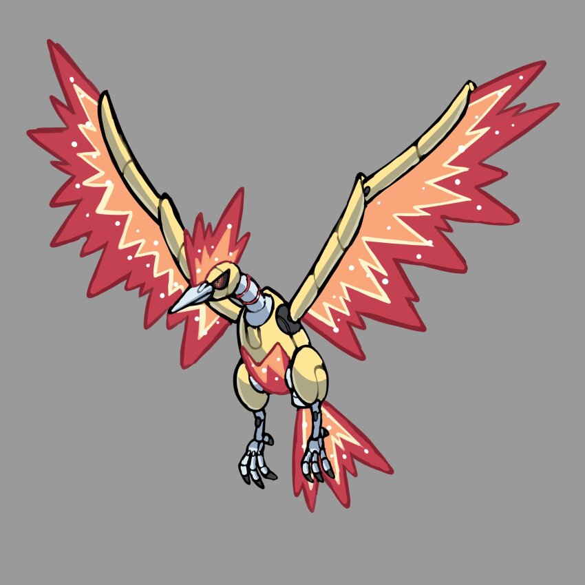 absurdres bird black_sclera closed_mouth colored_sclera fire full_body gen_1_pokemon grey_background highres legendary_pokemon moltres nintendo no_humans non-humanoid_robot original pixel_eyes pokemon pokemon_(creature) pokemon_focus red_eyes rgreywind robot robot_animal simple_background solo v-shaped_eyes wings