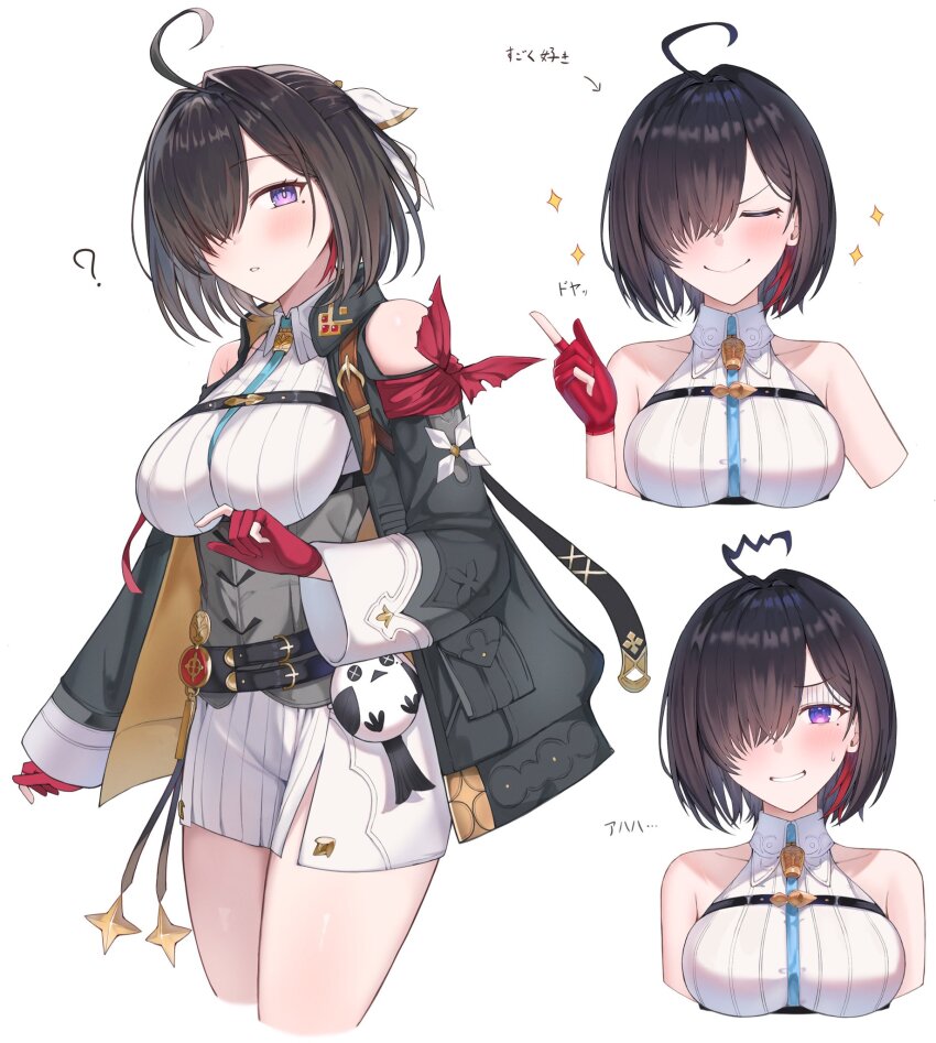 1girl ? ahoge arrow_(symbol) asymmetrical_bangs atelier_(series) atelier_yumia bare_shoulders between_breasts black_hair black_jacket blush breasts closed_mouth collarbone commentary_request dress gloves grey_corset hair_over_one_eye highres index_finger_raised jacket large_breasts looking_at_viewer medium_hair mole mole_under_eye multicolored_hair multiple_views onemuikun-b open_clothes open_jacket parted_bangs parted_lips partially_fingerless_gloves purple_eyes red_gloves red_hair short_dress smile sparkle standing strap_between_breasts streaked_hair stuffed_animal stuffed_bird stuffed_toy sweat translation_request two-tone_hair v-shaped_eyebrows white_dress wilted_ahoge yumia_liessfeldt