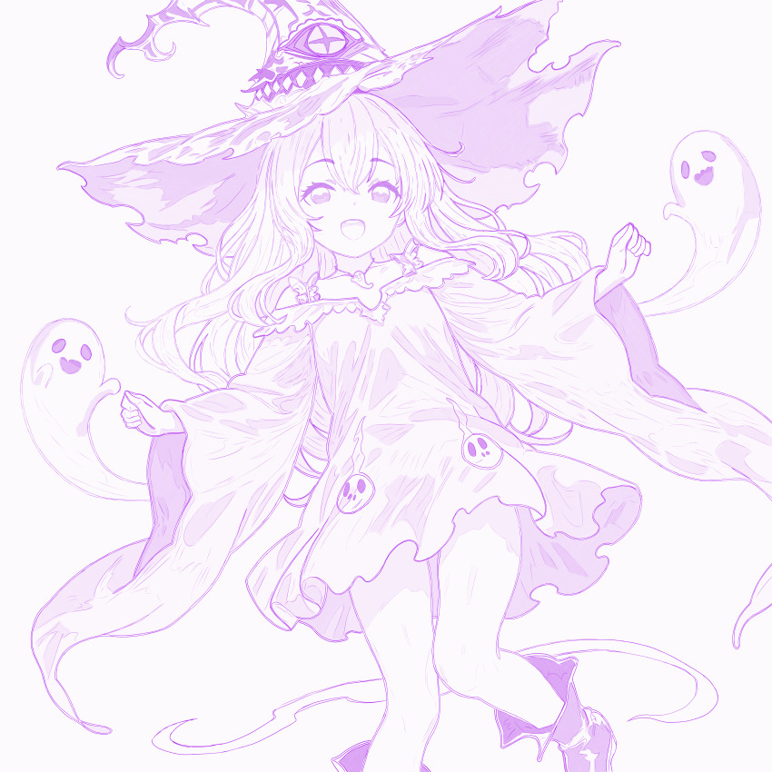 1girl absurdres arm_at_side boots daria_(shingeki_no_bahamut) ghost halloween halloween_costume hat highres jewelry monochrome necklace open_mouth shingeki_no_bahamut smile witch witch_hat